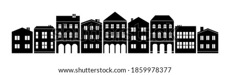 Abstract Small Town silhouette cutout skyline with double decker and three-storey houses black and white