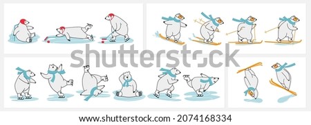 Polar bear winter sport training. Skiing, snowboarding, skating, freestyle ski jumping and ice hockey vector cartoon concept.