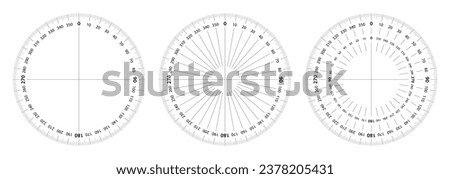 Protractor circle to measure geometrical angles and coordinates. Digital compass 360 degree round scale. Radial radar scanner system screen.