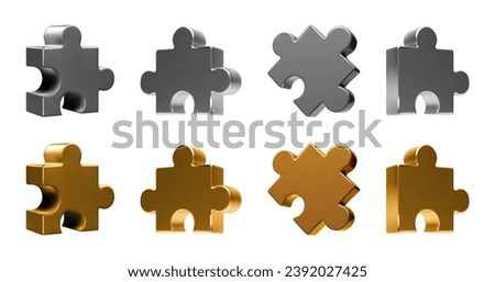 3d puzzle of gold and silver. Metallic jigsaw piece vector isolated render. Problem solving team work concept illustration on white background