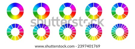 Gradient colored pie chart templates. Bright vibrant infographic donut graphs. Vector diagram wheel for multiple section circle. 3, 4, 5, 6 parts of ring