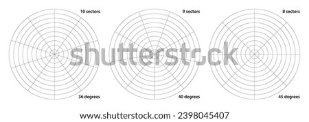Polar grid divided into radial degree 10, 9 and 8 sectors and concentric circles. Protractor or geometry angle ruler. Device gauge or radar coordinate screen