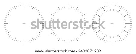 Clock face vector circle. Thermometer elegant degree or weight measuring analogue watches. Speedometer or chrono meter dot marked time scale.