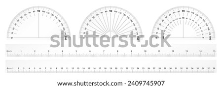 Degree protractor and ruler scales for measuring angle, size, length and height. Semicircle round gauge and cm or inch meter tape math tools.