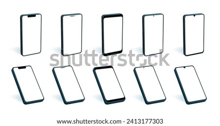 Vertical smart phone mockup of different modern brands. Vector 3d template for web site screen or application software user interface. Portable tablet device desktop.