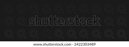 Donut chart diagram on black background. Simple line ring or circle divided into sectors. Set of infographic templates for parts of whole data presentation.