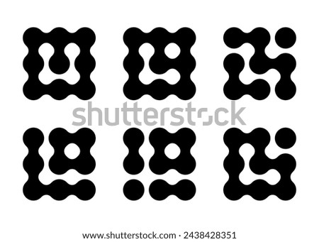 Circle metaball square icon. Connected dots merge together into blob shape. Nerve cells dividing morphing science pattern. Chemical grid structure sprayed geometric element.