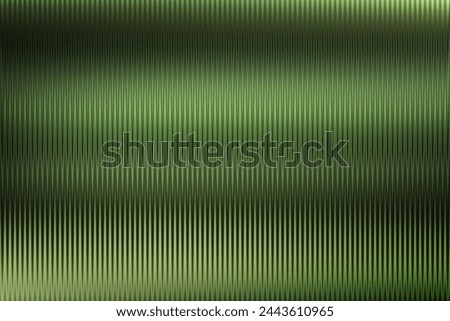 Reeded green glass abstract background. Corrugated acrylic panel texture with vertical wavy stripes. Dark pattern lines of ribbed transparent fluted wall. Ribbed polycarbonate sheet door close-up