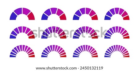 Gauge icons for speedometer, parking meter, thermometer, performance monitor, circle infographics. Measuring low and high levels of barometer, car dashboard