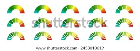 Performance meter gauge. Risk level circle chart measuring. Speedometer or thermometer blue and red scale bar. High level dashboard indicator.