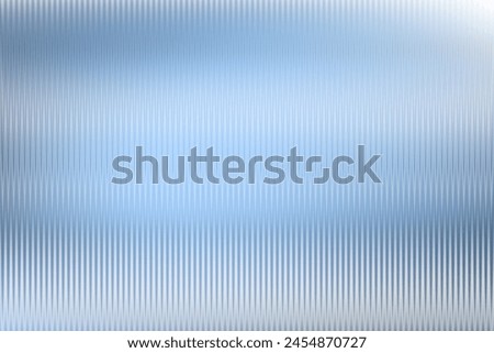 Reeded glass with blurred sky blue background. Refraction texture acrylic ribbed bath separation wall. Frozen ice premium packaging foil overlay. Wavy vertical line stripes pastel polycarbonate panel
