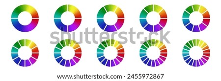 Gradient colored pie chart templates. Bright vibrant infographic donut graphs. Vector diagram wheel for multiple section circle. 3, 4, 5, 6 parts of ring