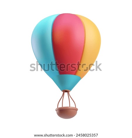 Hot air balloon 3d vector illustration. Colorful sky travel vehicle with basket and striped flying inflatable parachute. Red yellow blue airship ballon. Cartoon aerostat for ballooning festival