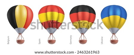Hot air balloons with national flag of Germany, Spain, Belgium, Ukraine. Sky travel or ballooning festival in flying basket aerostat concept. Vector 3d render cartoon airship on white background