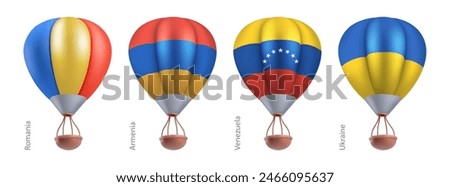 Hot air balloons with national flag of Romania, Armenia, Venezuela, Ukraine. Sky travel or ballooning festival in flying basket aerostat concept. Vector 3d render cartoon airship on white background