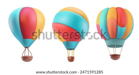 Hotair baloon romantic festival 3d vector illustration. Round bright sky travel aerostat. Gas inflated striped flight air balloon rising up. Cartoon dreamy adventure concept. Red blue yellow airship