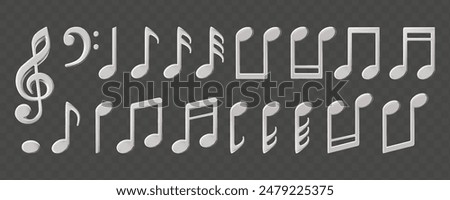 Music note sheet, lines of staff for musical concert, karaoke singing or radio listening. Key symbols decoration for music school or festival poster. Silver bass and treble clef, half quarter notes.