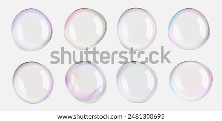 Transparent soap foam balls in air. 3D iridescent rainbow spheres and textured circles float on white png. Glass plastic mirror reflections on big bath bead. Shiny pastel blown day-dreaming bubbles