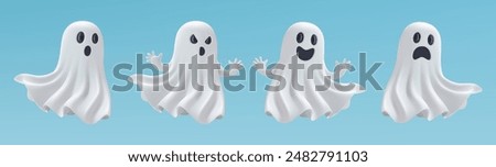 Halloween ghost 3d emoji set. Flying spirit character in white sheets with cute face, smiling or sad. Scary boo sticker render. Fun monster creepy fear. Minimal evil crafted cosplay. Trick or treat