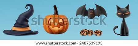 Halloween pumpkin, witch hat, cute black cat, sweet candy, flying bat. 3d vector render poster elements. Vampire magician party invite sticker. Happy scary character for fall gift. Horror realistic