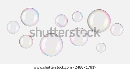 Soap bubbles float 3D on pink water background. Glossy translucent rainbow-colored spheres flare in air. Light glowing bath foam, carbonated frothy fizz drinks, and magic ball luxury glass effect.