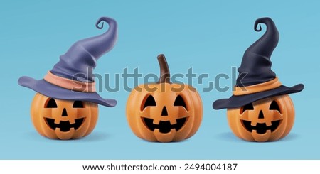 Similar – Image, Stock Photo Halloween pumpkin with smiling face on reflective background, four teeth. Light that illuminates the pumpkin from inside