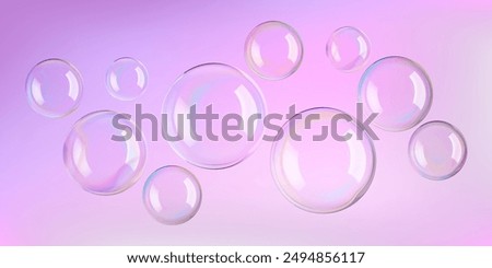 Transparent soap bubble float, vector Baby shower template. 3D sphere and circle from a soap wand. Iridescent glossy round light shapes. Shiny reflection, flying bath elements of dreamy atmosphere