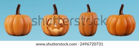 Halloween pumpkins, carved with scary happy face. Cartoon jack o lantern for a spooky horror scene. Thanksgiving autumn party orange decoration with glowing candle. Devil trick or treat pumkin scene