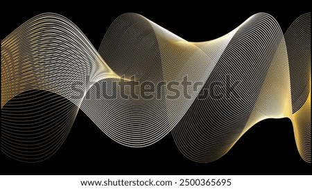 Gold wave on black background. Golden line pattern for luxury music vip or future wind swoosh. Abstract 3d horizontal stripe drawing. Copper award ribbon premium fashion element.