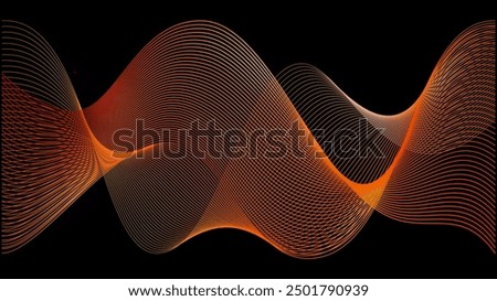 Orange voice swoosh on black background. Red gold skin trail. Wavy fast road ai grid. Soft sound wave lines abstract flyer. Technology neon light effect