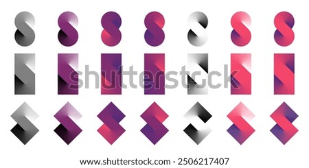 S logo infinite icon. Eight symbol abstract gradient letter endless double loop. Round, square and rhombus tile connect sign. 3d spin shape monochrome colored number 8. Mobius strip swirl flat block