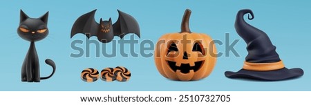 Halloween cute 3d character decor set. Smiling witch cat, flying black vampire bat wings, orange jack o lantern, carved smiling pumpkin, candy lollipop sweets and wizard hat. Scary spooky sticker set