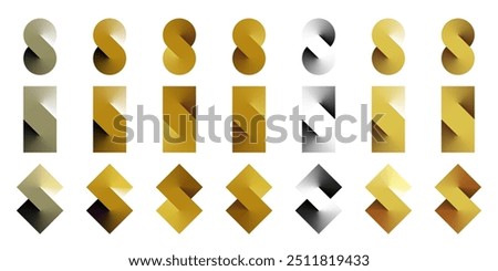 S logo gold infinite icon. Eight symbol abstract gradient letter endless double loop. Round, square and rhombus tile connect sign. 3d spin shape luxury colored number 8. Mobius strip swirl flat block.