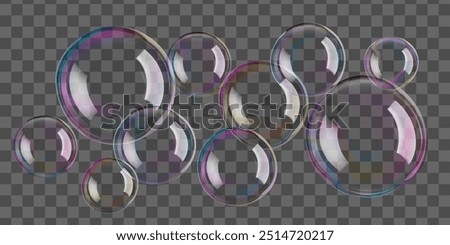 Transparent soap bubble float, vector laundry template. 3D sphere and circle from a soap wand. Iridescent glossy round light shapes. Shiny reflection, flying bath elements of clean clear atmosphere