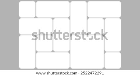 White grid template design, bento box photo frame collage layout. Light mood board mockup horizontal banner. Puzzle mosaic blocks for picture gallery page. Flat graph y2k dashboard presentation slide