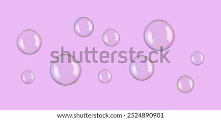 Soap bubbles in transparent water, 3d vector background. White reflections on light spheres and pink circles blown by wand. Rainbow iridescent round shaped ball. Glass mirror foam flare in air png