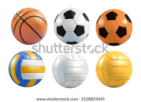 Sport ball vector mockup. 3d basketball, volleyball, soccer, school football icon set. Realistic isolated game equipment emoji. Cartoon emoticon different play stuff. Team round ball sticker element.