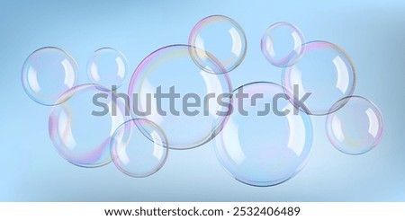 Soap bubbles in blue water, 3d vector background. White reflections on big spheres and pink circles blown by wand. Rainbow iridescent round shaped ball. Glass mirror foam flare in air png