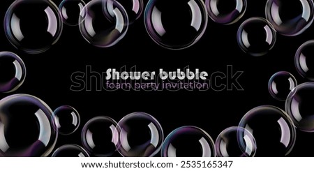 Soap bubbles in black background, 3d vector transparent water. White reflections on big spheres and pink circles blown by wand. Rainbow iridescent round shaped ball. Glass mirror foam flare in air png