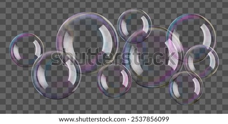 Soap bubbles in transparent water, 3d vector background. White reflections on big spheres and pink circles blown by wand. Rainbow iridescent round shaped ball. Glass mirror foam flare in air png