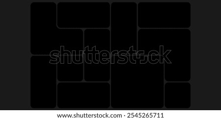 Black grid template bento box ui. Photo frame collage layout design. Puzzle mosaic blocks for picture gallery page. Dark mood board mockup horizontal banner. Flat y2k dashboard presentation slide