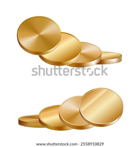 Gold coin flying 3d. Money spin side top view render. Golden insurance empty badge. Gamble slot png isolated background. Casino prize explosion icon with falling game circle chips. Dollar cash jackpot