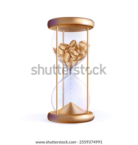 Golden coins to sand hourglass. Budget timer 3d icon. Time flow in glass bulb. Vector transparent sandglass countdown. Abstract realistic game deadline. Geometric flowing modern half passed period