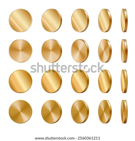 Golden coins realistic rotate set. Animation vector front, side view fly. 3d money game casino cash rain. Jackpot spin png render. Gamble slot trophy. Empty circle medal mockup. Trophy perspective