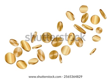 Gold coin flying 3d. Money spin side top view render. Golden insurance empty badge. Gamble slot png isolated background. Casino prize explosion icon with falling game circle chips. Dollar cash jackpot