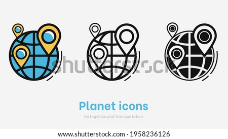 Earth vector icon set. Planet symbol with marker for logistics, map and network. Earth symbol set for conection. Globe icon set. World pictogram with pointer for international transportation