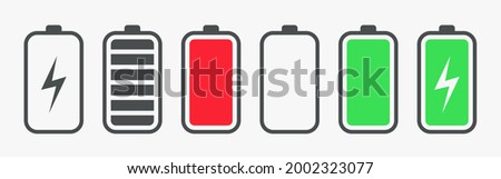 Battery charging charge indicator. Vector icon level Battery Energy powerfully full. Power running low up status batteries set logo Charge level empty loading bar Gadgets alkaline tags. Nearly there.