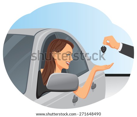 Business woman receiving key of her new car from dealer hand