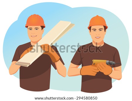 Two smiling carpenters in helmets. One holds wood planks. Other one holds a drill. Craftsmen team.