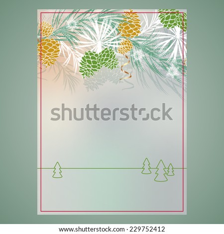 Christmas menu. Pine branches and cones on blurred background
